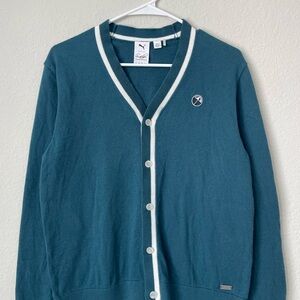 PUMA Arnold Palmer Teal V-Neck Cardigan with White Trim Golf Sweater Size S